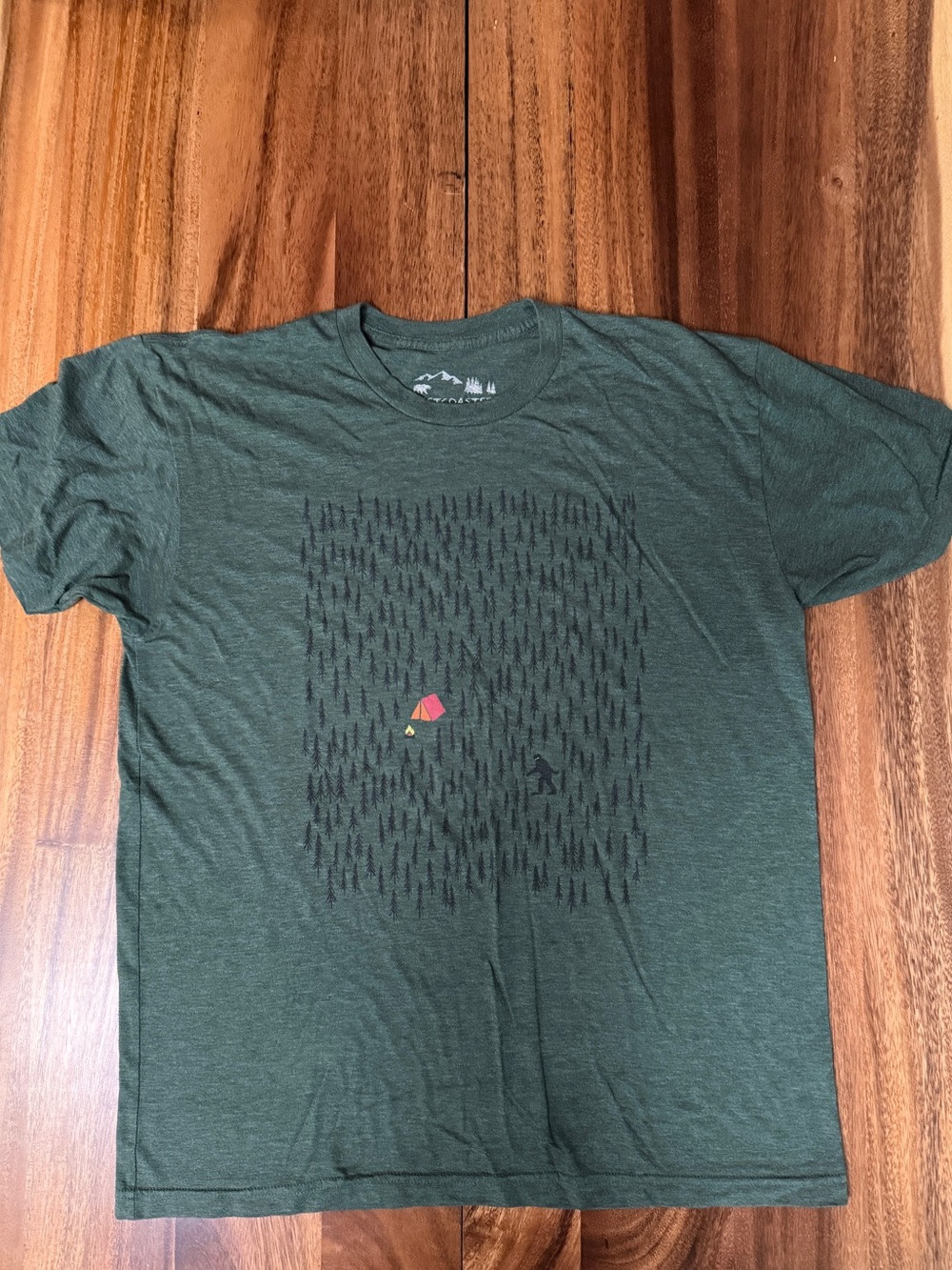Men's Dark Green Graphic Tee with Sasquatch and Tent